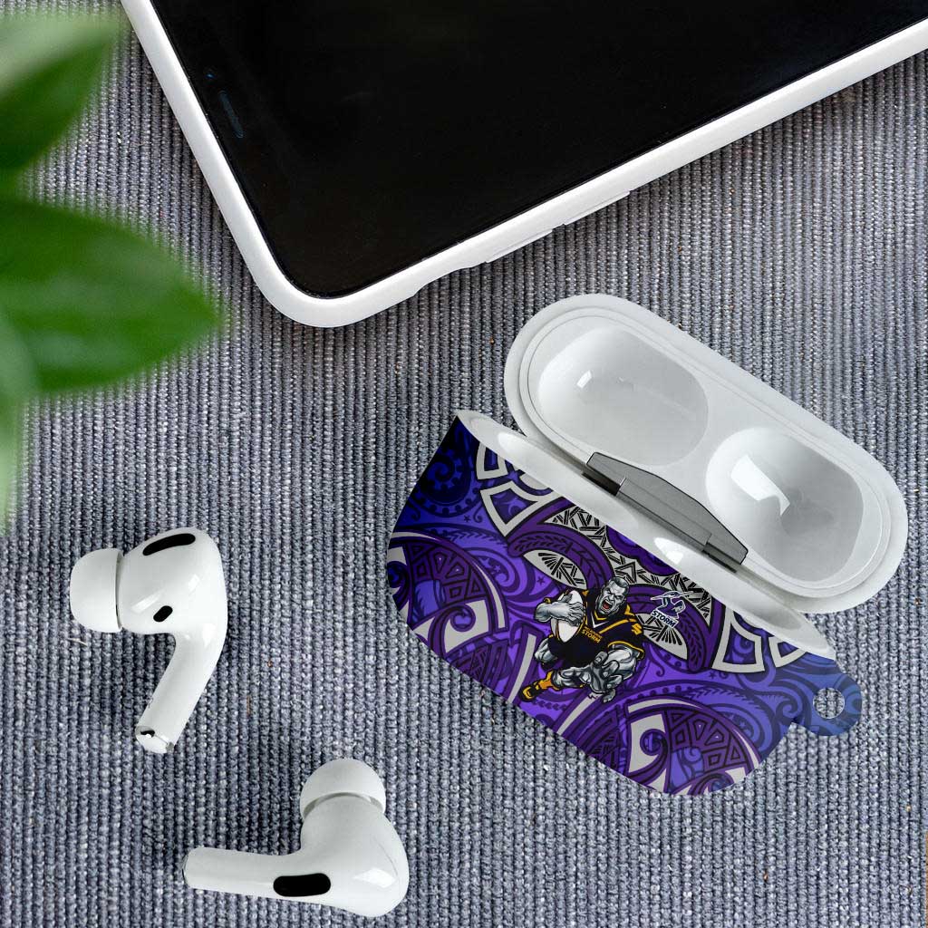 Melbourne Storm Rugby AirPods Case Polynesian Tribal Warrior Lightning Purple Pattern
