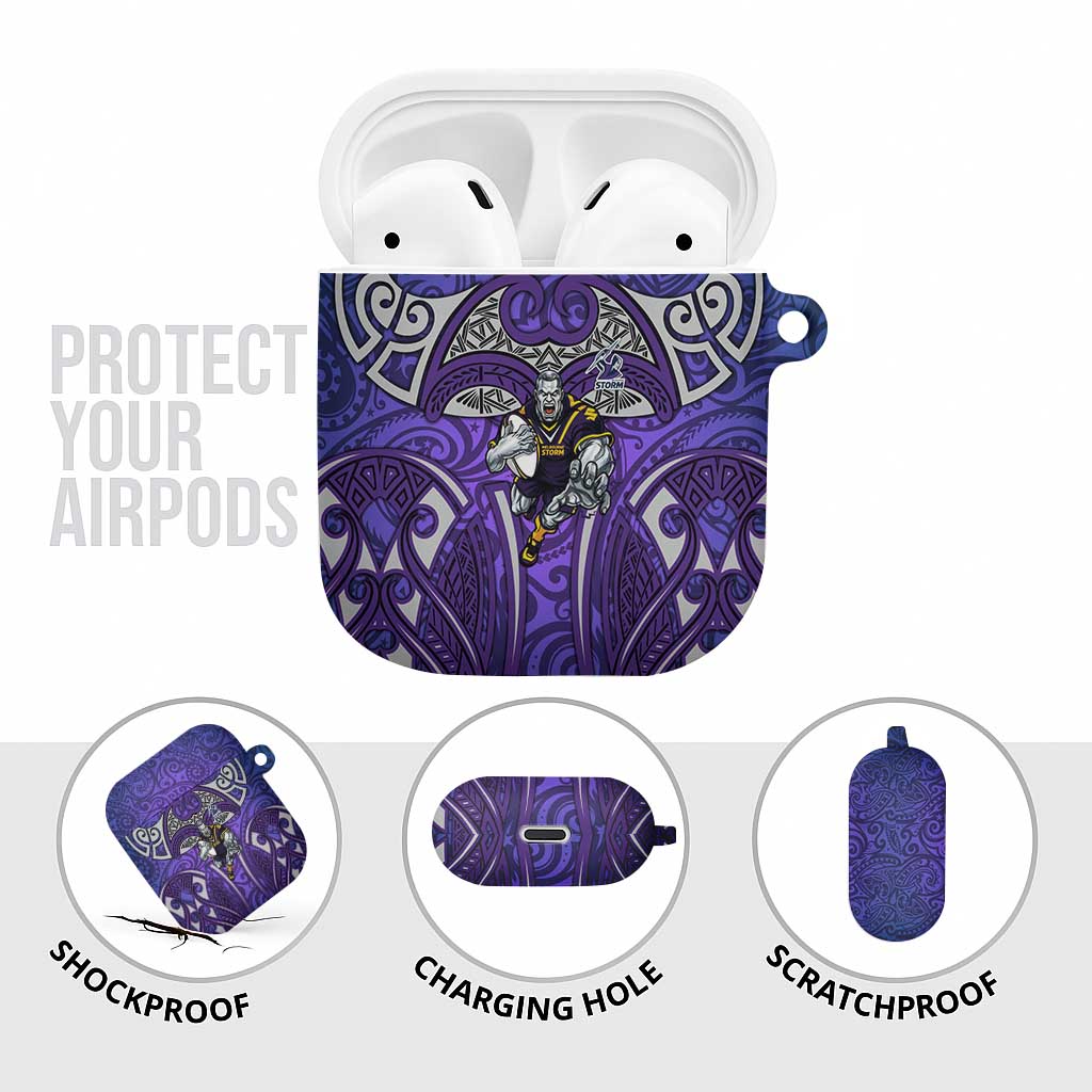 Melbourne Storm Rugby AirPods Case Polynesian Tribal Warrior Lightning Purple Pattern
