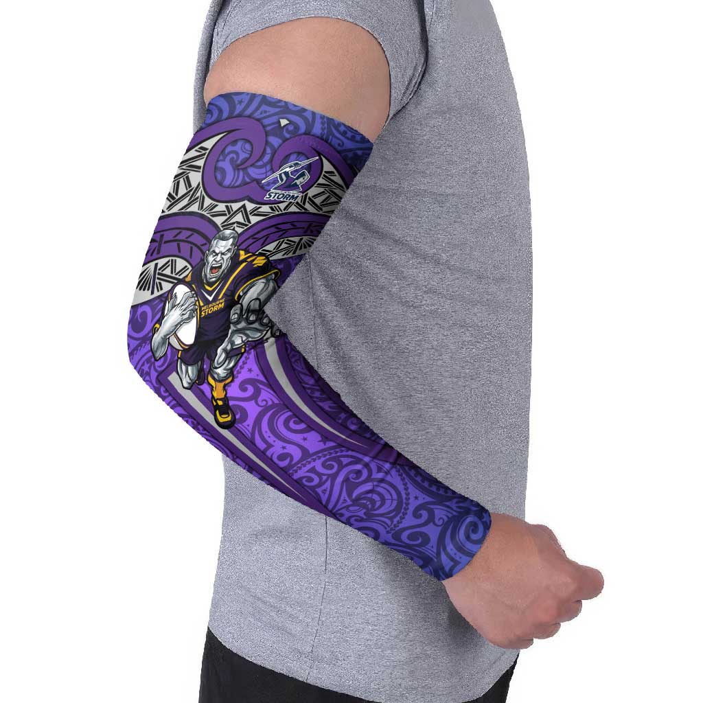 Melbourne Storm Rugby Arm Sleeves Polynesian Tribal Warrior Lightning Purple Pattern