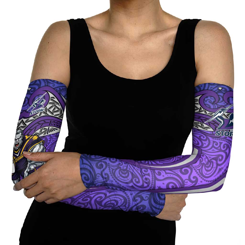 Melbourne Storm Rugby Arm Sleeves Polynesian Tribal Warrior Lightning Purple Pattern