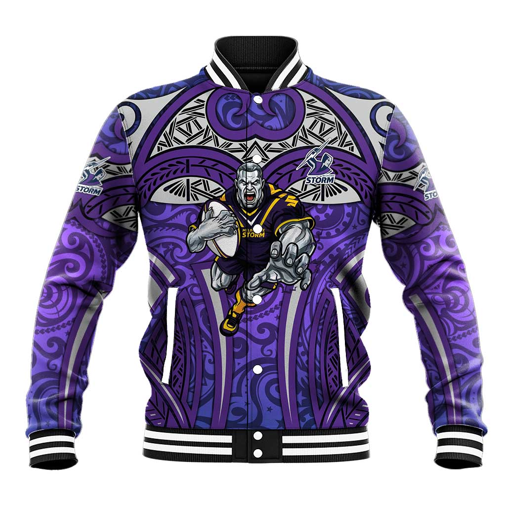 Melbourne Storm Rugby Baseball Jacket Polynesian Tribal Warrior Lightning Purple Pattern