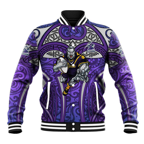 Melbourne Storm Rugby Baseball Jacket Polynesian Tribal Warrior Lightning Purple Pattern