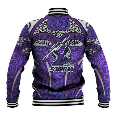 Melbourne Storm Rugby Baseball Jacket Polynesian Tribal Warrior Lightning Purple Pattern