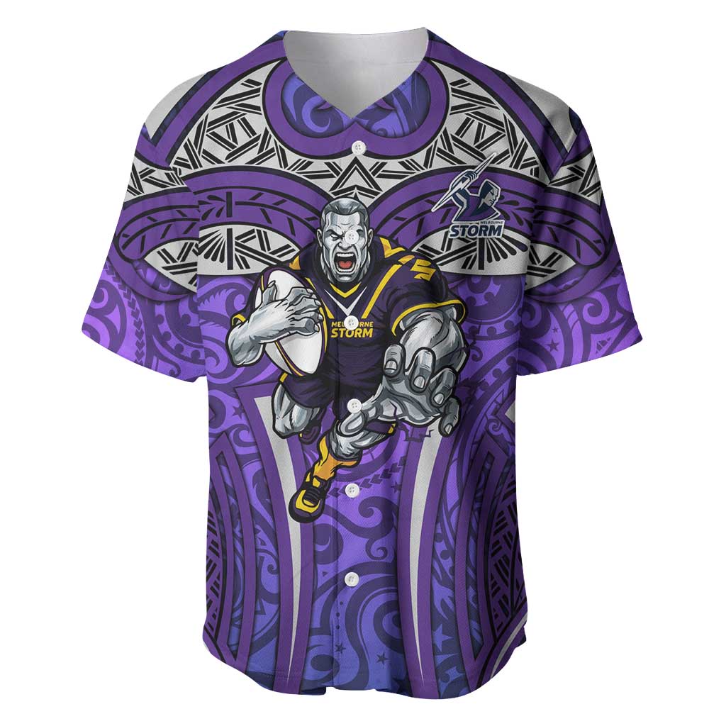 Melbourne Storm Rugby Baseball Jersey Polynesian Tribal Warrior Lightning Purple Pattern