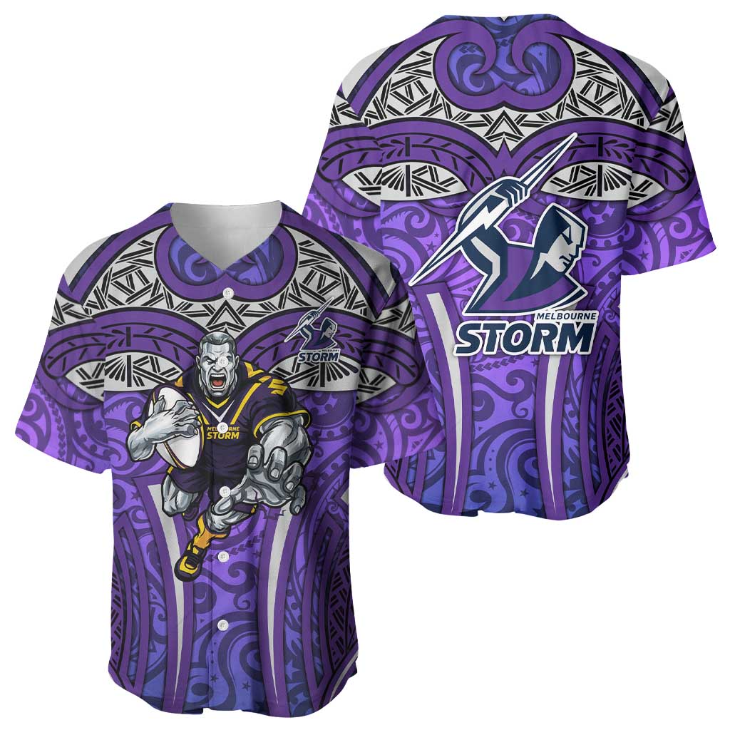 Melbourne Storm Rugby Baseball Jersey Polynesian Tribal Warrior Lightning Purple Pattern