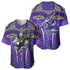 Melbourne Storm Rugby Baseball Jersey Polynesian Tribal Warrior Lightning Purple Pattern