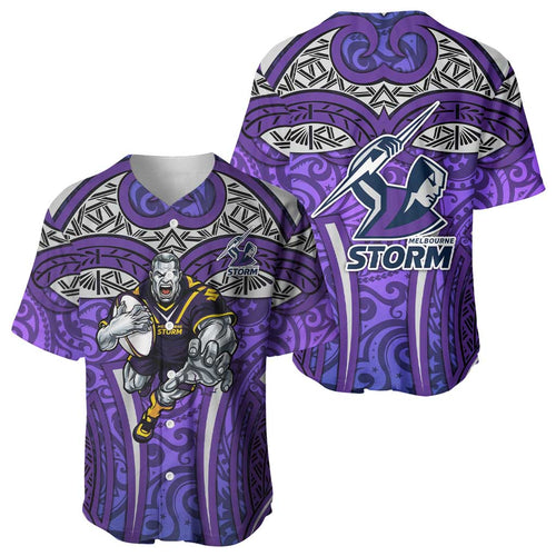 Melbourne Storm Rugby Baseball Jersey Polynesian Tribal Warrior Lightning Purple Pattern