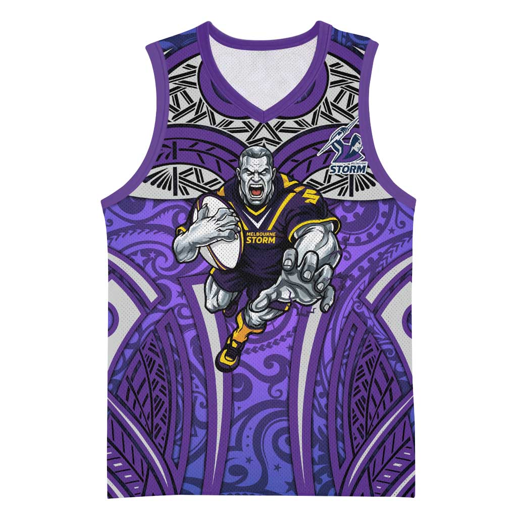Melbourne Storm Rugby Basketball Jersey Polynesian Tribal Warrior Lightning Purple Pattern