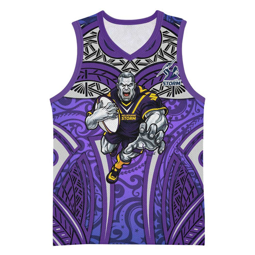 Melbourne Storm Rugby Basketball Jersey Polynesian Tribal Warrior Lightning Purple Pattern