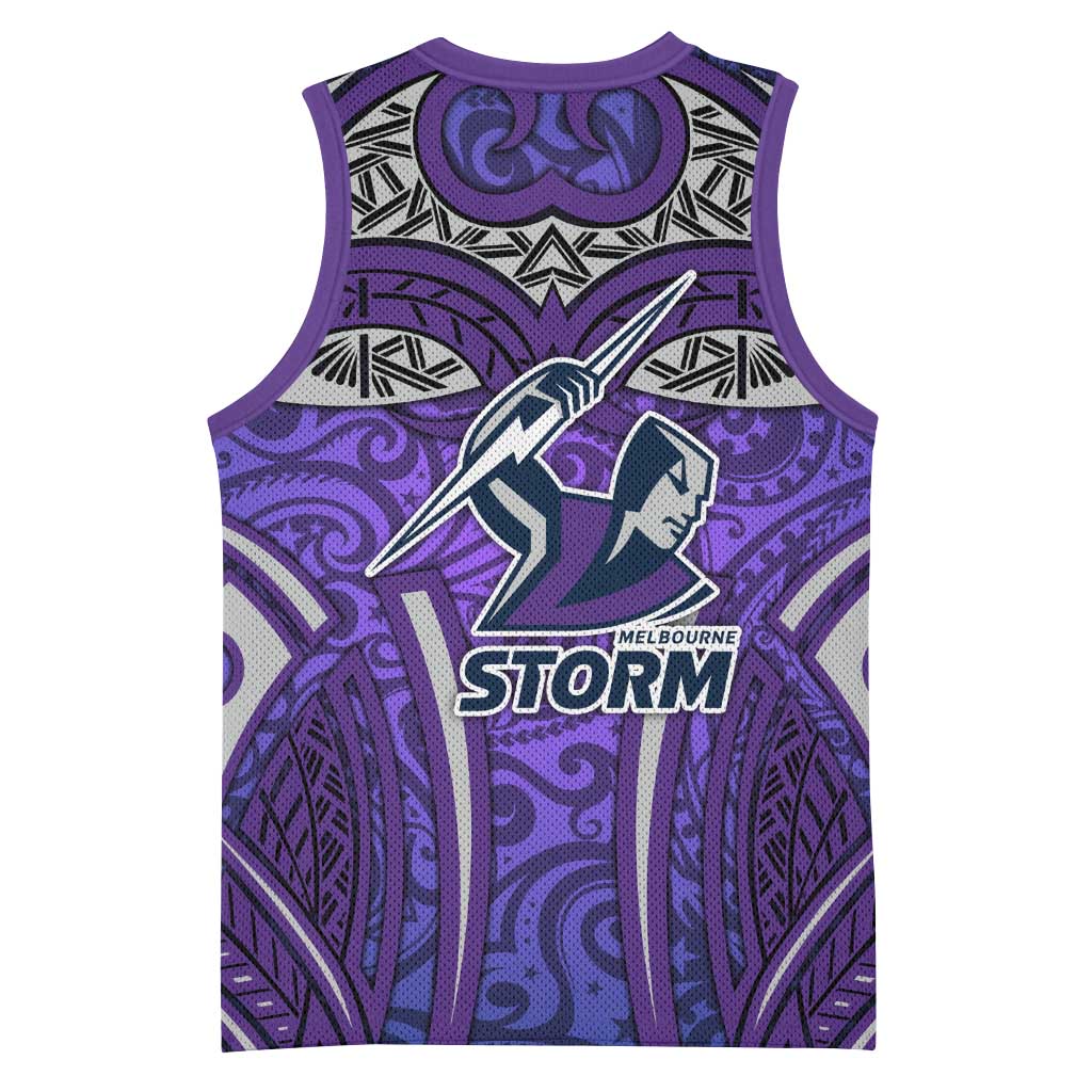 Melbourne Storm Rugby Basketball Jersey Polynesian Tribal Warrior Lightning Purple Pattern