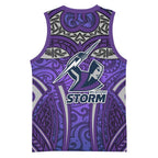 Melbourne Storm Rugby Basketball Jersey Polynesian Tribal Warrior Lightning Purple Pattern