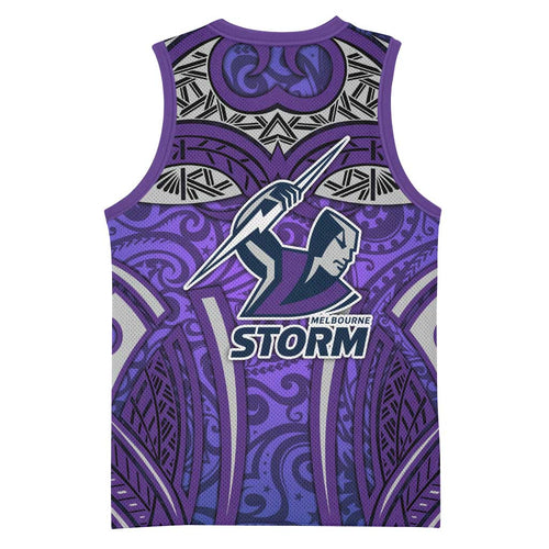 Melbourne Storm Rugby Basketball Jersey Polynesian Tribal Warrior Lightning Purple Pattern