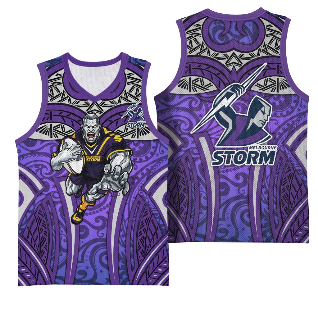 Melbourne Storm Rugby Basketball Jersey Polynesian Tribal Warrior Lightning Purple Pattern
