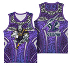 Melbourne Storm Rugby Basketball Jersey Polynesian Tribal Warrior Lightning Purple Pattern