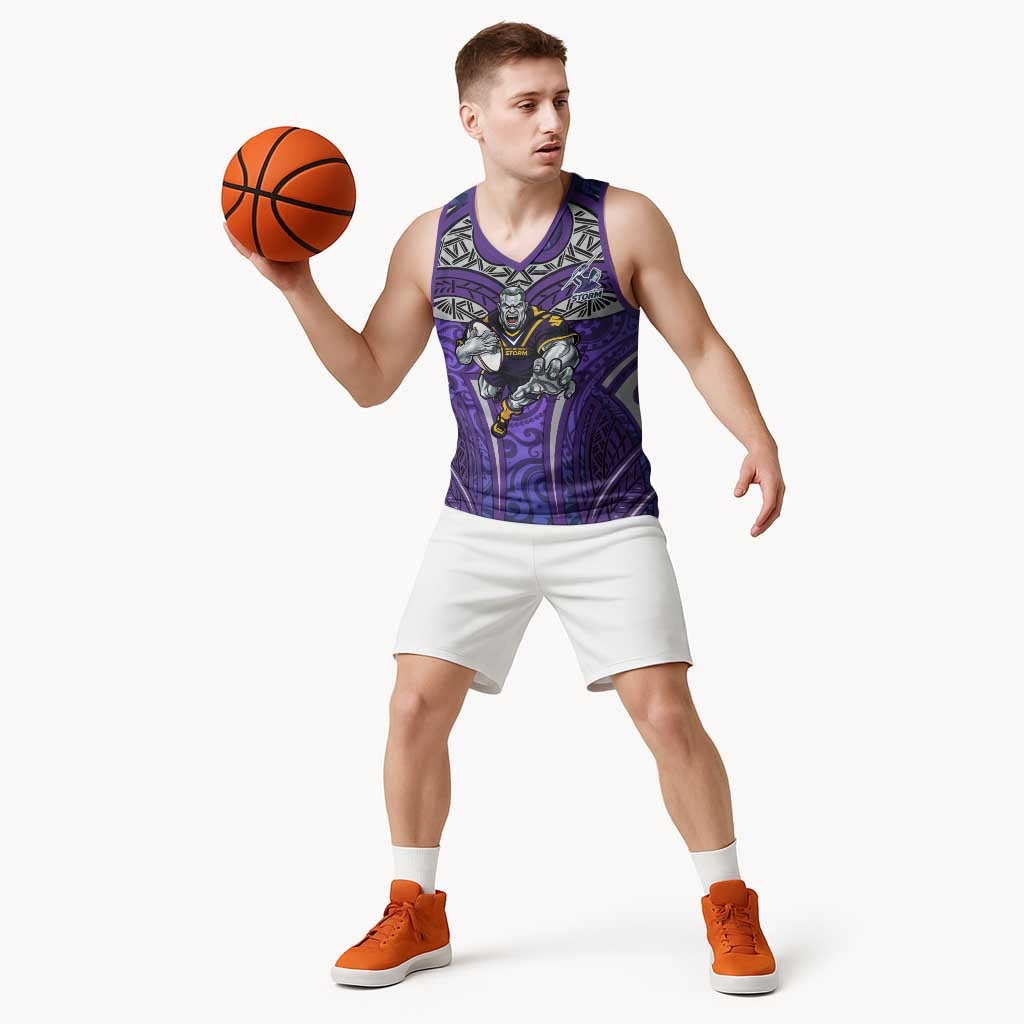 Melbourne Storm Rugby Basketball Jersey Polynesian Tribal Warrior Lightning Purple Pattern