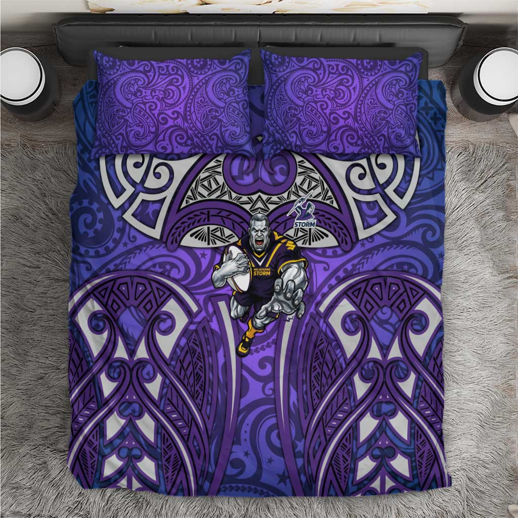 Melbourne Storm Rugby Bedding Set Polynesian Tribal Warrior Lightning Purple Pattern