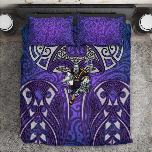 Melbourne Storm Rugby Bedding Set Polynesian Tribal Warrior Lightning Purple Pattern