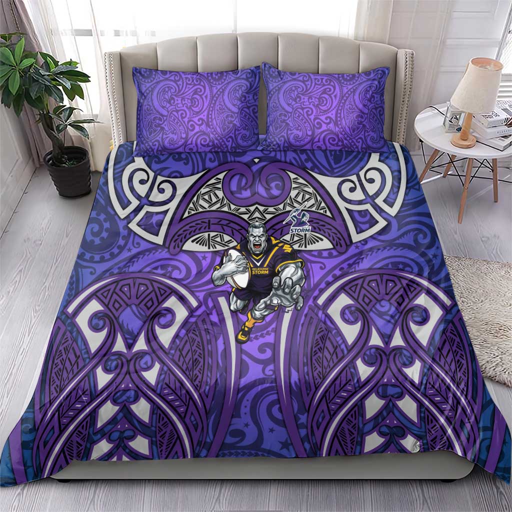Melbourne Storm Rugby Bedding Set Polynesian Tribal Warrior Lightning Purple Pattern