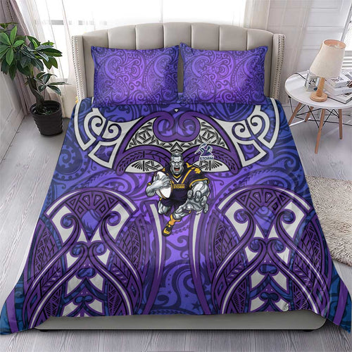 Melbourne Storm Rugby Bedding Set Polynesian Tribal Warrior Lightning Purple Pattern