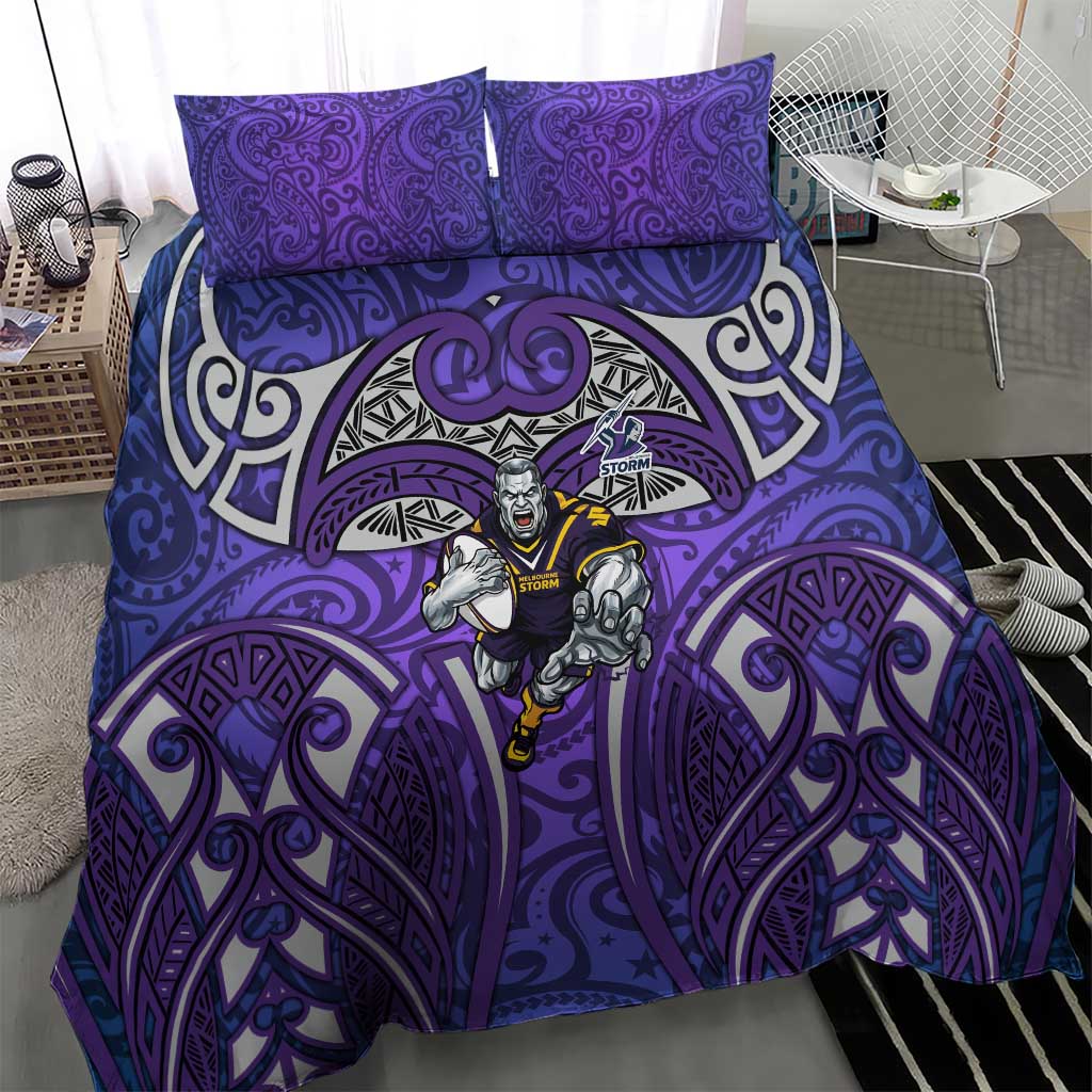 Melbourne Storm Rugby Bedding Set Polynesian Tribal Warrior Lightning Purple Pattern