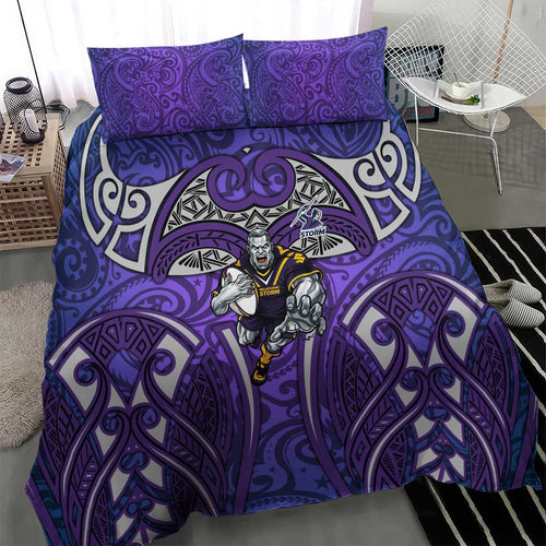 Melbourne Storm Rugby Bedding Set Polynesian Tribal Warrior Lightning Purple Pattern