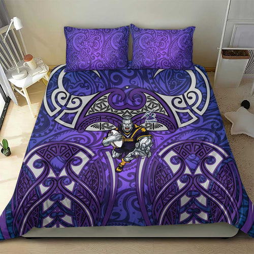 Melbourne Storm Rugby Bedding Set Polynesian Tribal Warrior Lightning Purple Pattern