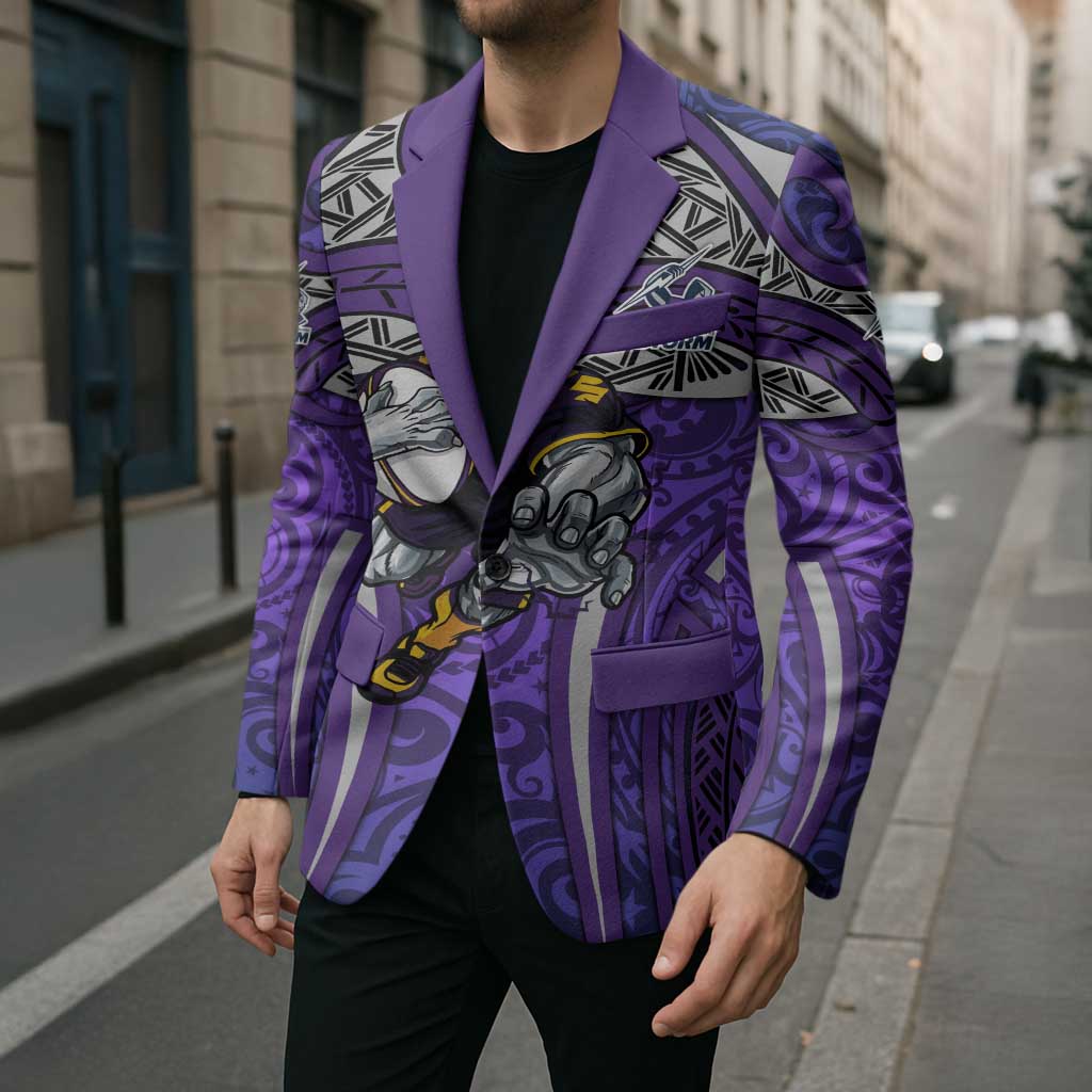Melbourne Storm Rugby Blazer Polynesian Tribal Warrior Lightning Purple Pattern