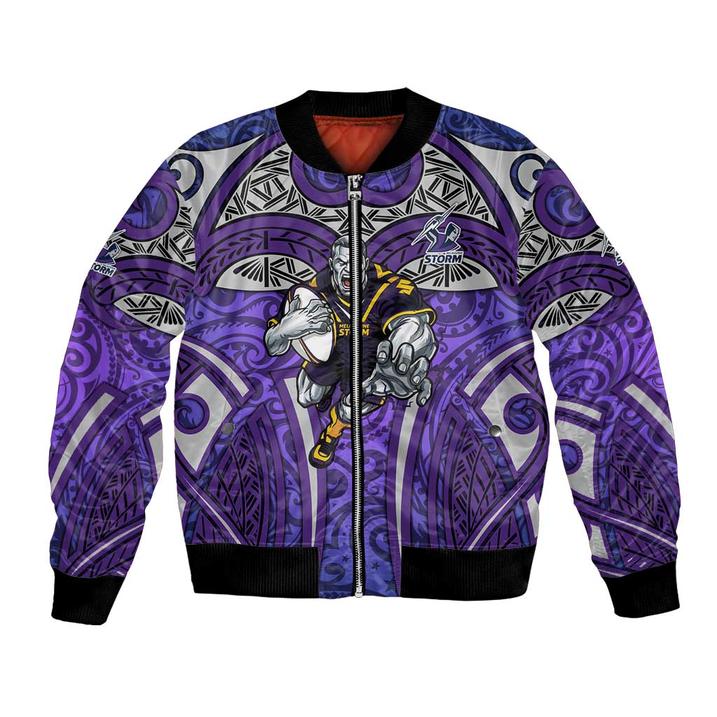 Melbourne Storm Rugby Bomber Jacket Polynesian Tribal Warrior Lightning Purple Pattern