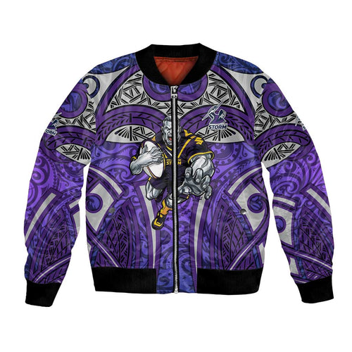 Melbourne Storm Rugby Bomber Jacket Polynesian Tribal Warrior Lightning Purple Pattern