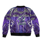 Melbourne Storm Rugby Bomber Jacket Polynesian Tribal Warrior Lightning Purple Pattern