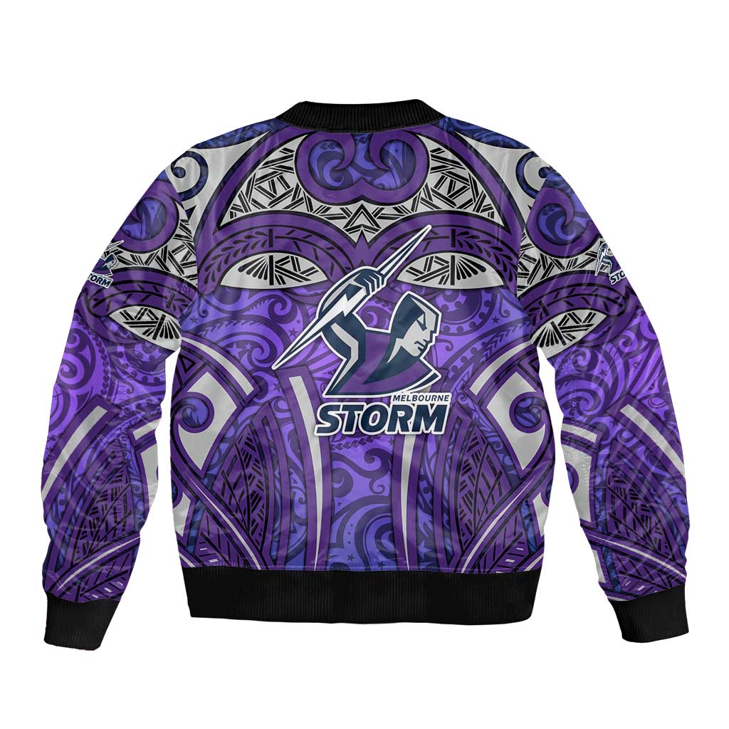 Melbourne Storm Rugby Bomber Jacket Polynesian Tribal Warrior Lightning Purple Pattern