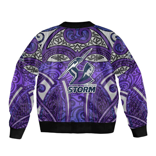 Melbourne Storm Rugby Bomber Jacket Polynesian Tribal Warrior Lightning Purple Pattern