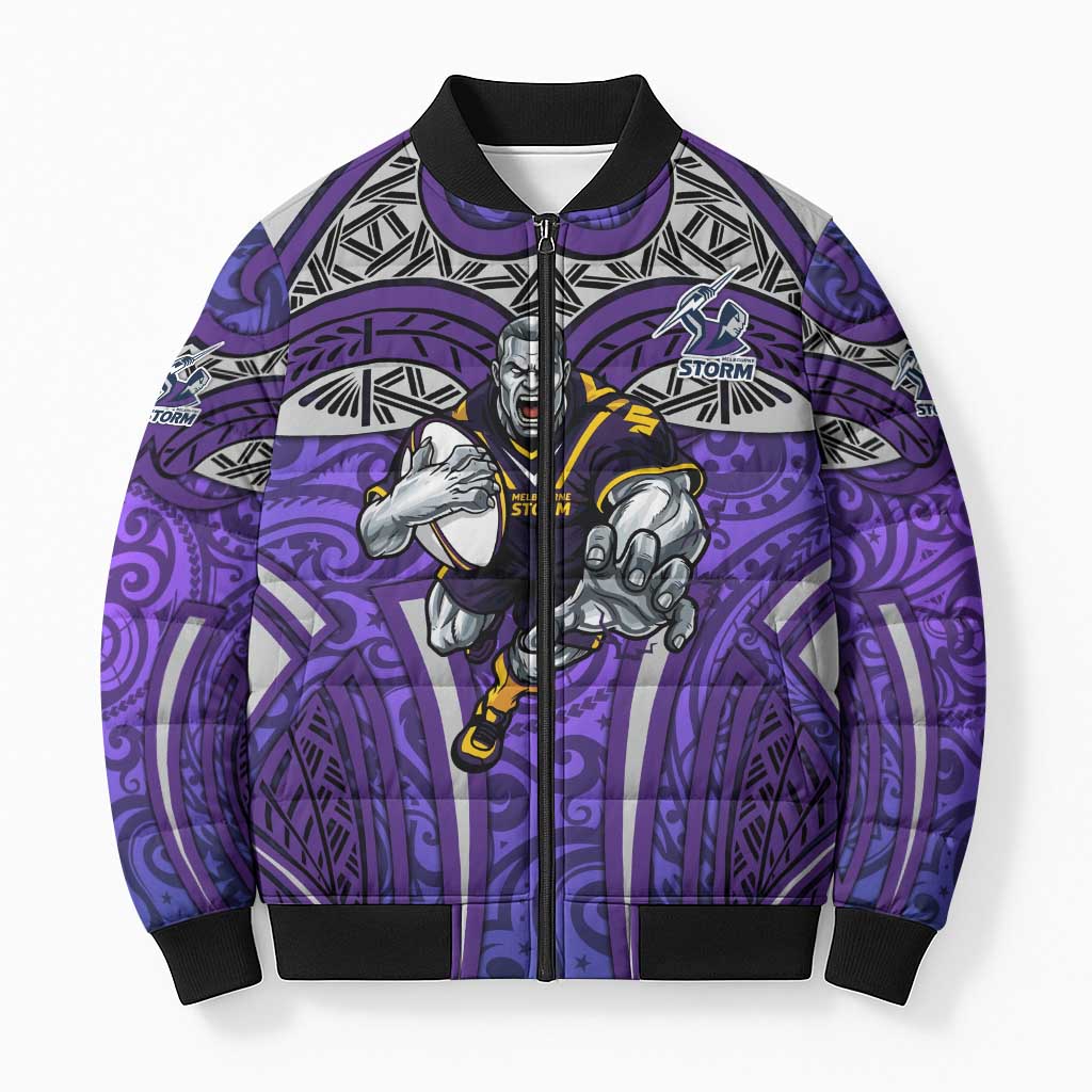 Melbourne Storm Rugby Bomber Puffer Jacket Polynesian Tribal Warrior Lightning Purple Pattern