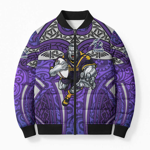 Melbourne Storm Rugby Bomber Puffer Jacket Polynesian Tribal Warrior Lightning Purple Pattern