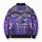 Melbourne Storm Rugby Bomber Puffer Jacket Polynesian Tribal Warrior Lightning Purple Pattern