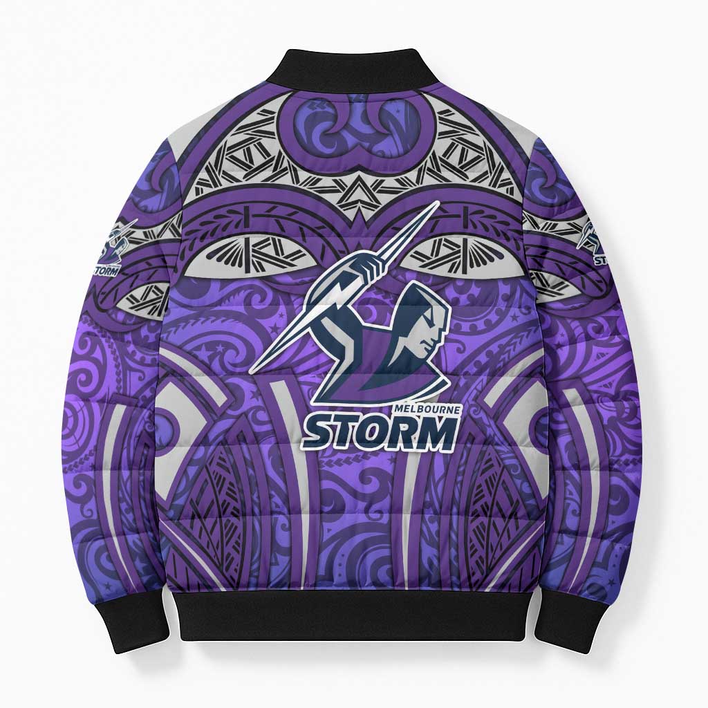 Melbourne Storm Rugby Bomber Puffer Jacket Polynesian Tribal Warrior Lightning Purple Pattern