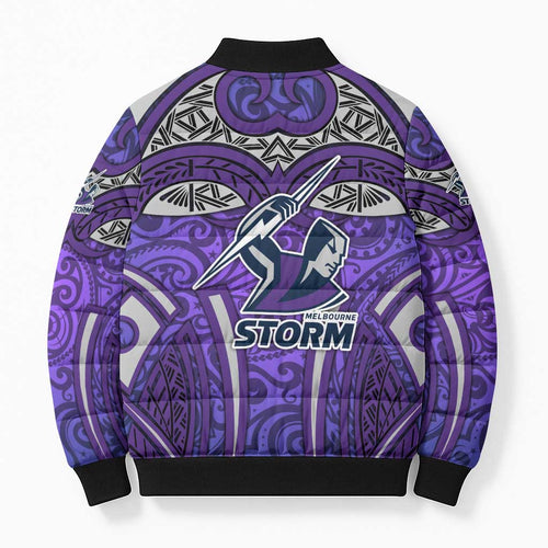 Melbourne Storm Rugby Bomber Puffer Jacket Polynesian Tribal Warrior Lightning Purple Pattern