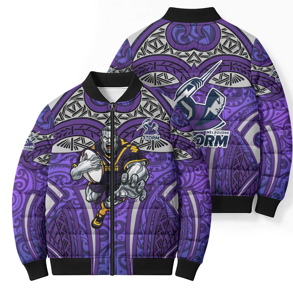 Melbourne Storm Rugby Bomber Puffer Jacket Polynesian Tribal Warrior Lightning Purple Pattern