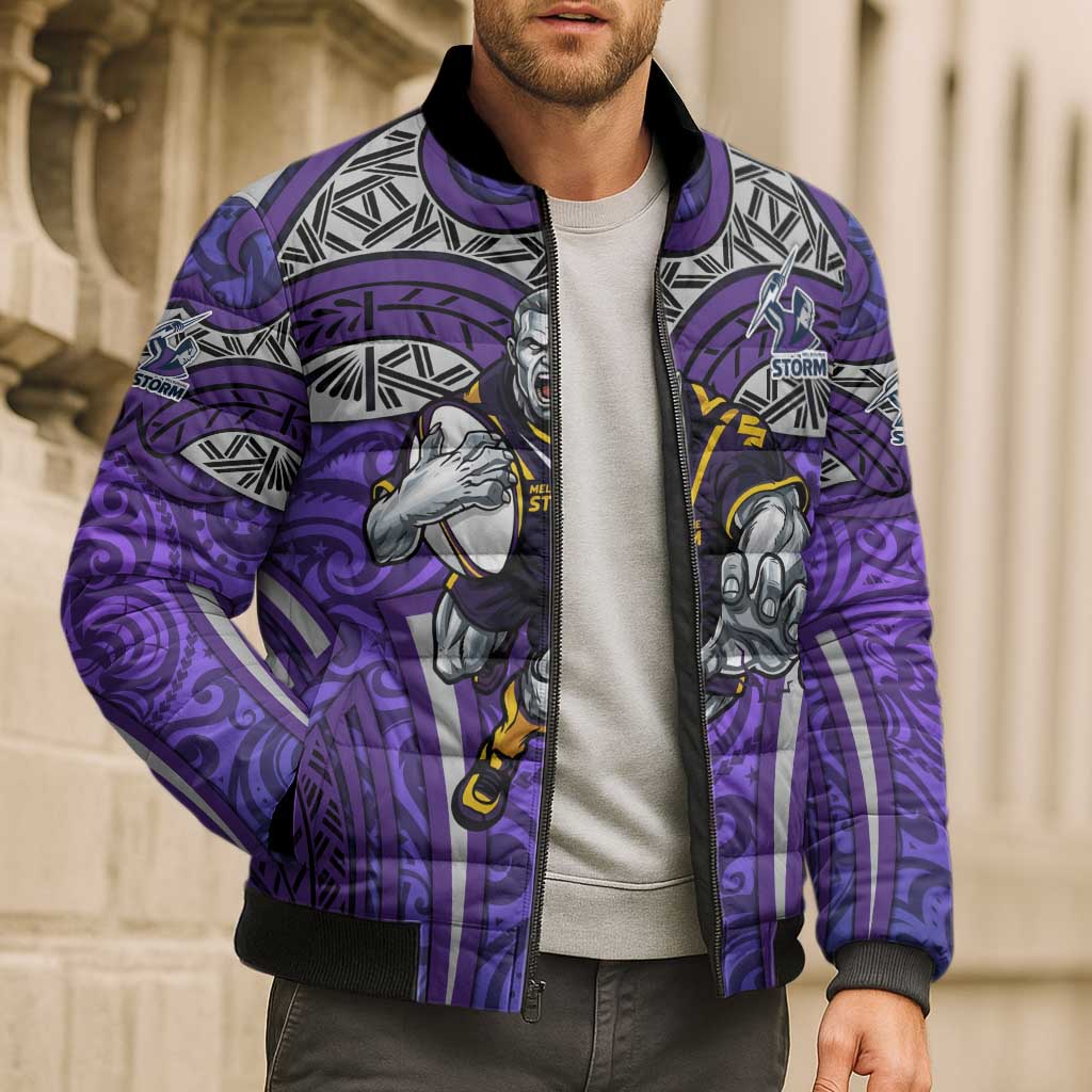 Melbourne Storm Rugby Bomber Puffer Jacket Polynesian Tribal Warrior Lightning Purple Pattern