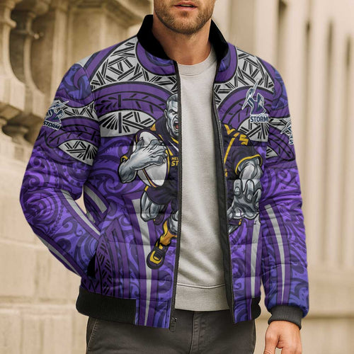 Melbourne Storm Rugby Bomber Puffer Jacket Polynesian Tribal Warrior Lightning Purple Pattern