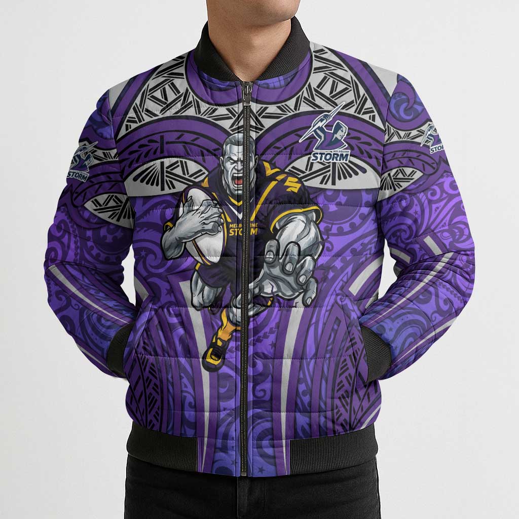 Melbourne Storm Rugby Bomber Puffer Jacket Polynesian Tribal Warrior Lightning Purple Pattern