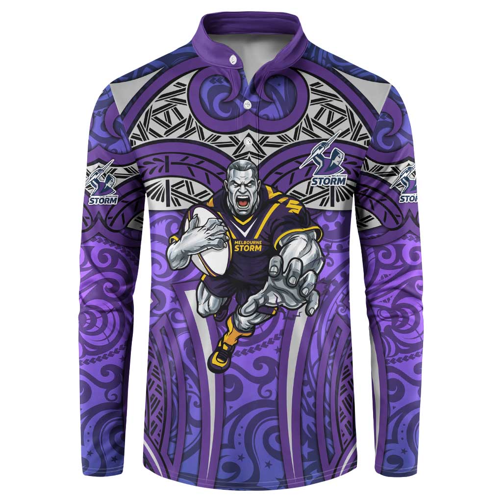 Melbourne Storm Rugby Button Sweatshirt Polynesian Tribal Warrior Lightning Purple Pattern