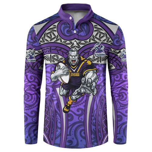 Melbourne Storm Rugby Button Sweatshirt Polynesian Tribal Warrior Lightning Purple Pattern
