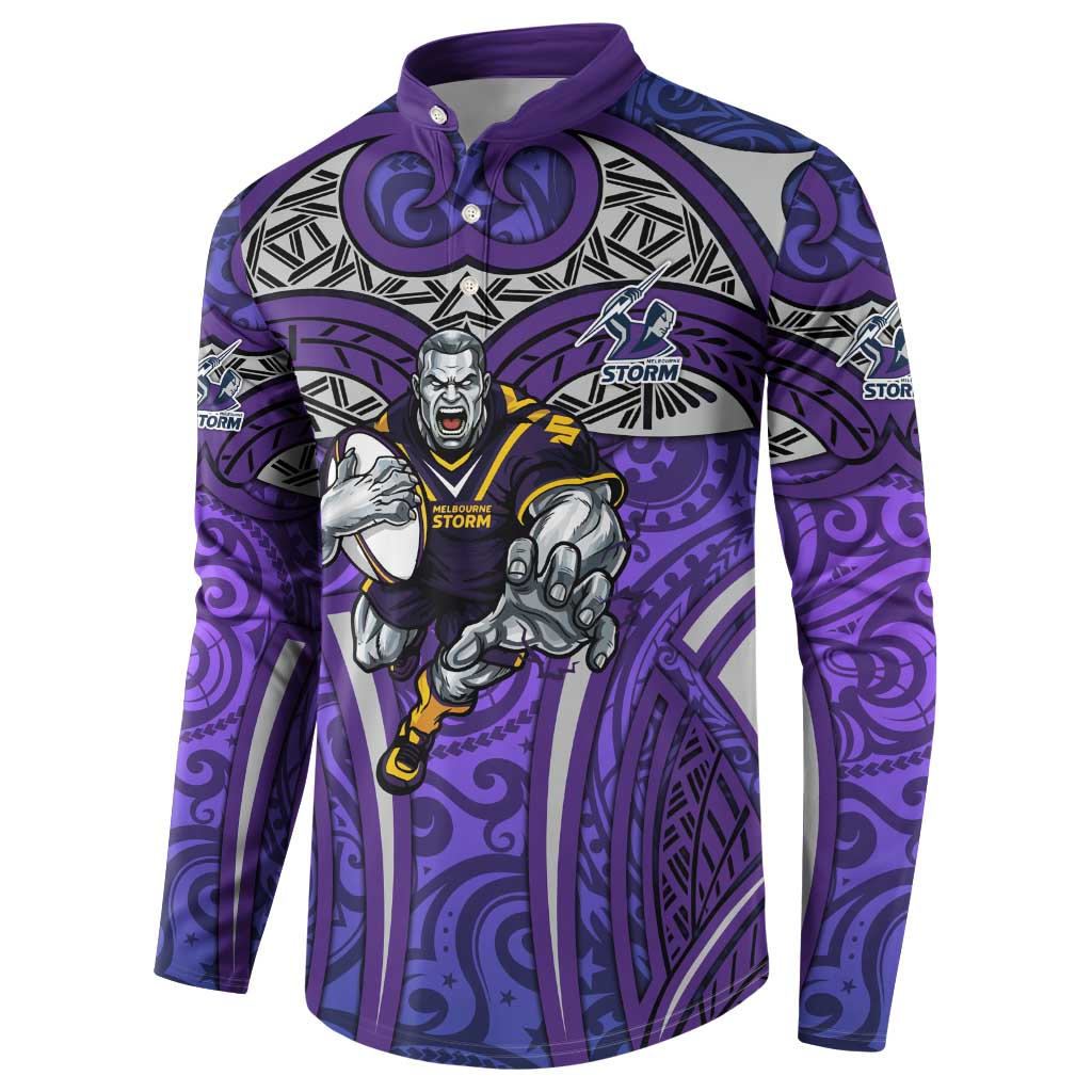 Melbourne Storm Rugby Button Sweatshirt Polynesian Tribal Warrior Lightning Purple Pattern