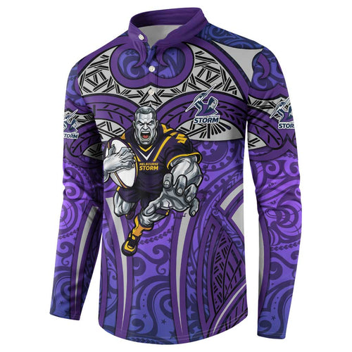 Melbourne Storm Rugby Button Sweatshirt Polynesian Tribal Warrior Lightning Purple Pattern