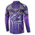 Melbourne Storm Rugby Button Sweatshirt Polynesian Tribal Warrior Lightning Purple Pattern