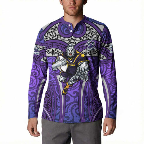 Melbourne Storm Rugby Button Sweatshirt Polynesian Tribal Warrior Lightning Purple Pattern