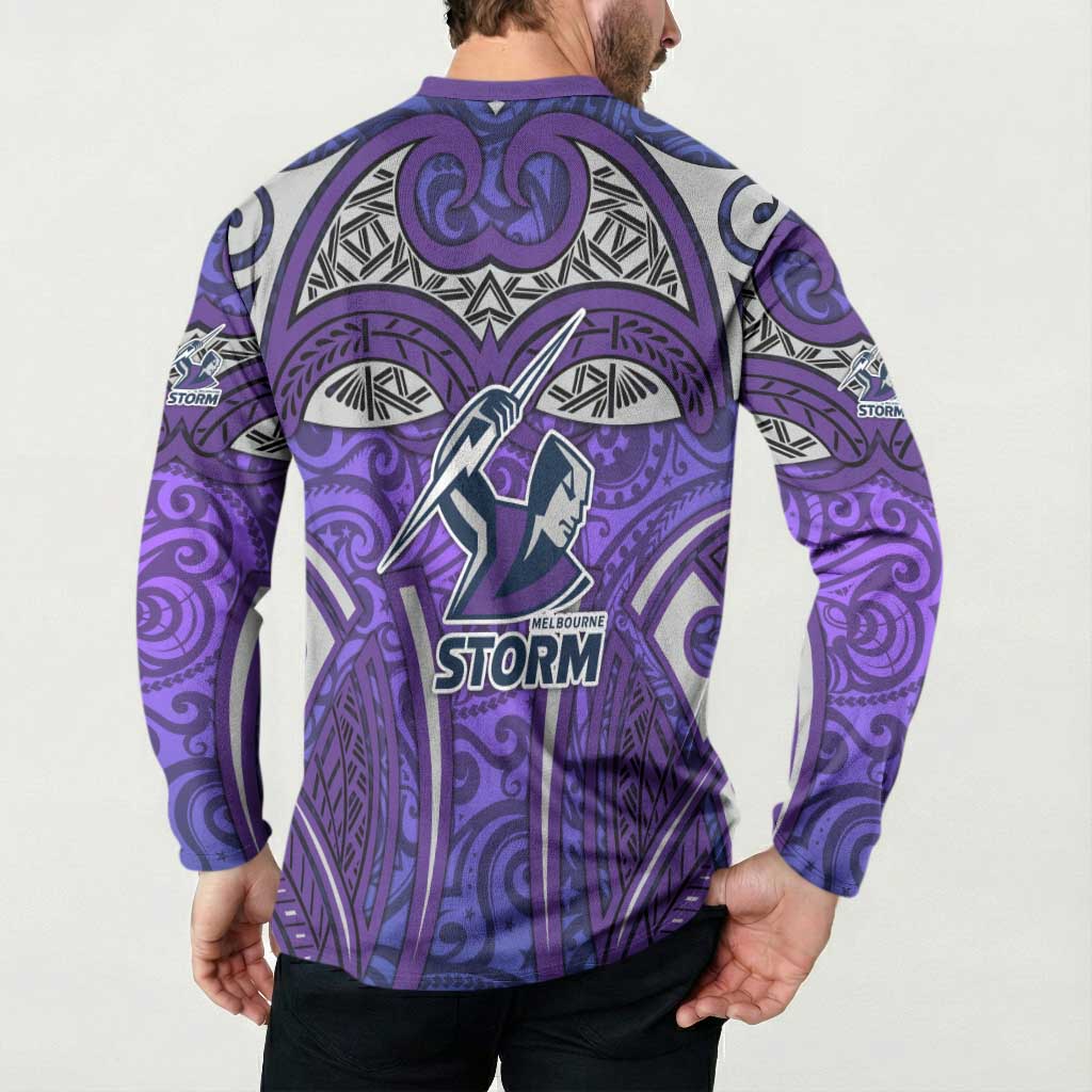 Melbourne Storm Rugby Button Sweatshirt Polynesian Tribal Warrior Lightning Purple Pattern