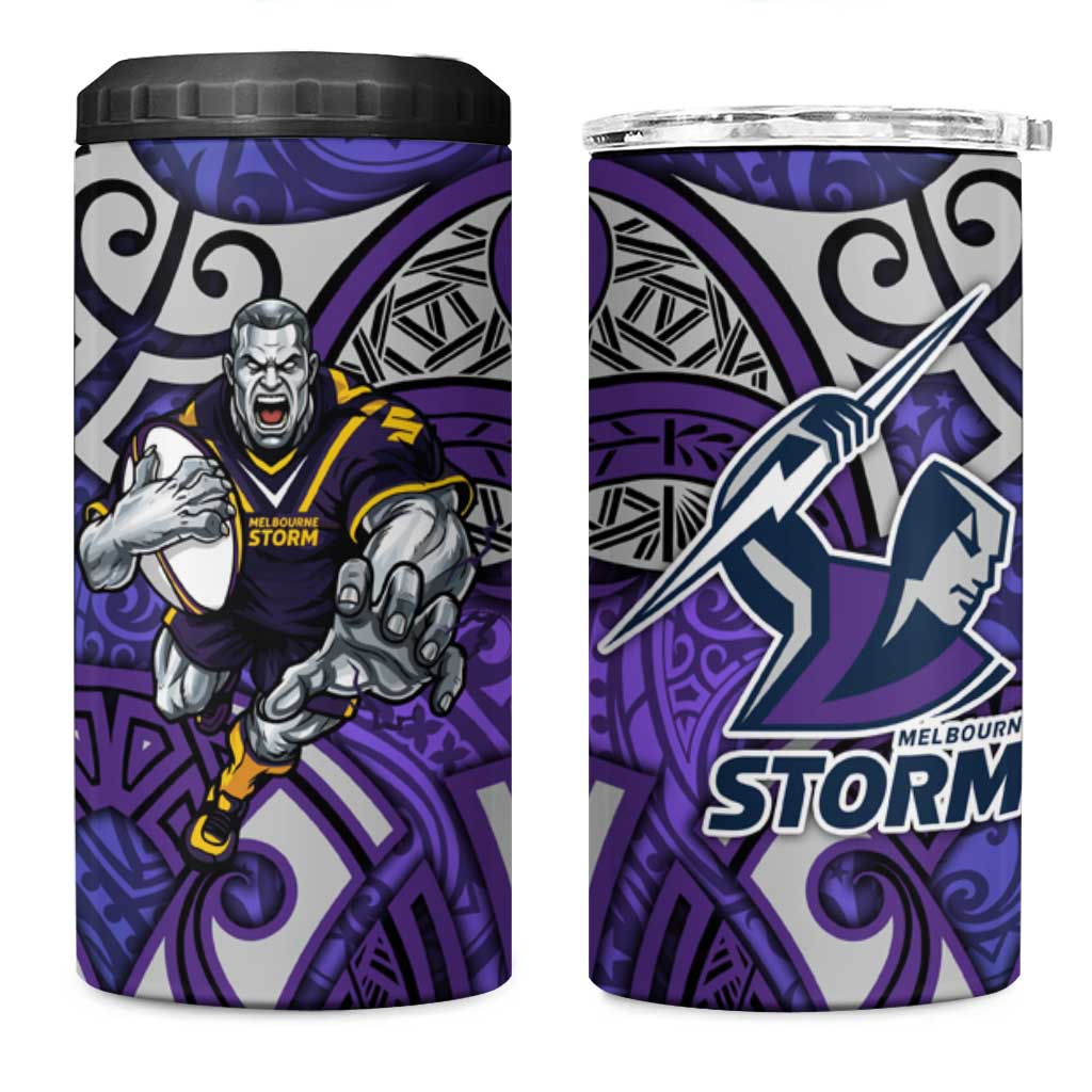Melbourne Storm Rugby 4 in 1 Can Cooler Tumbler Polynesian Tribal Warrior Lightning Purple Pattern