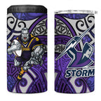 Melbourne Storm Rugby 4 in 1 Can Cooler Tumbler Polynesian Tribal Warrior Lightning Purple Pattern